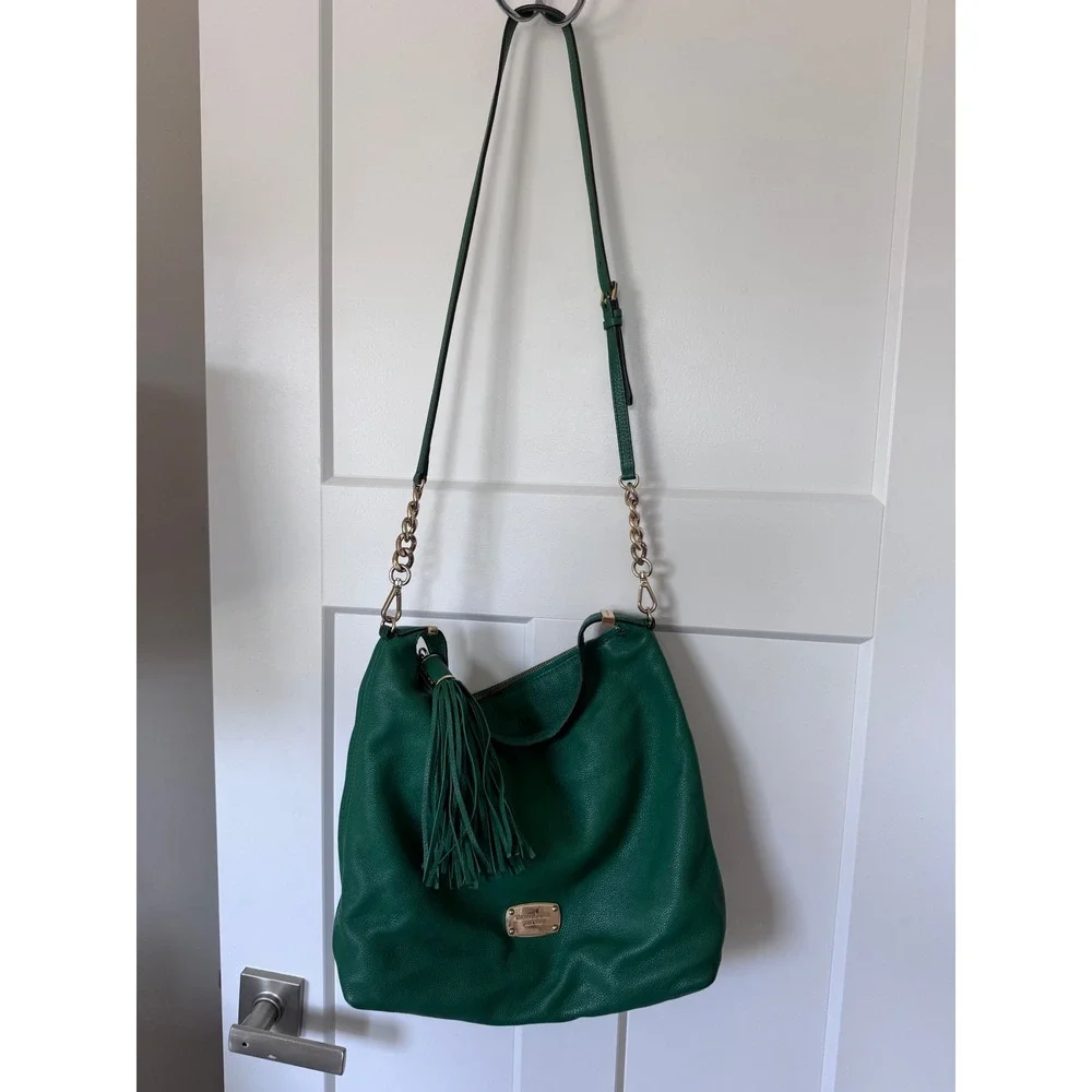 Michael Kors Green Pebbled Leather Hobo Bag Gold Chain Tassel Shoulder Bag